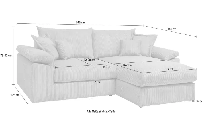 Big-Sofa, Mega-Ecksofa in Cord, XL L-Form, Breite 246 cm, mit Federkern & 4 Zierkissen