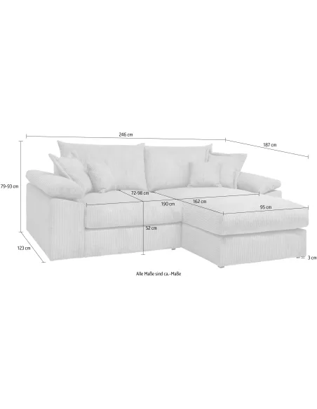 Big-Sofa, Mega-Ecksofa in Cord, XL L-Form, Breite 246 cm, mit Federkern & 4 Zierkissen