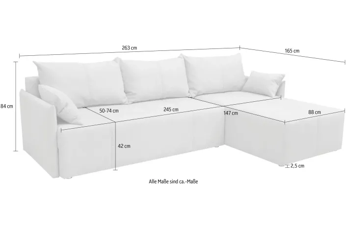 Ecksofa L-Form, Breite 263 cm, mit Bettfunktion, Bettkasten & 2 Zierkissen