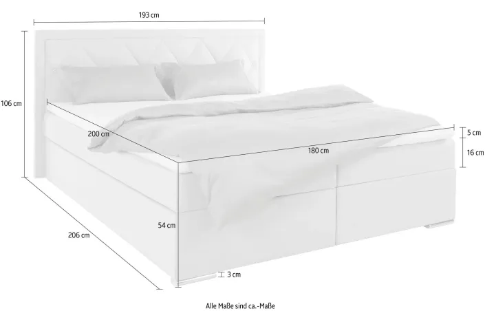 Boxbett 180 x 200 cm mit hochwertiger 7-Zonen-Taschenfederkernmatratze, inklusive praktischem Bettkasten