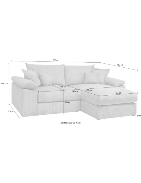 Big-Sofa, Mega-Ecksofa in Cord, XXL L-Form, Breite 303 cm, mit Federkern & 4 Zierkissen
