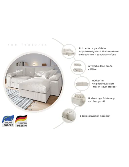 Big-Sofa, Mega-Ecksofa in Cord, XL L-Form, Breite 246 cm, mit Federkern & 4 Zierkissen